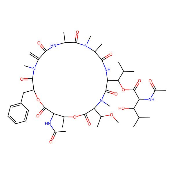 2D Structure of [(1R)-1-[(3S,6S,9S,12S,18R,21S,22R)-21-acetamido-18-benzyl-3-[(1R)-1-methoxyethyl]-4,9,10,12,16,22-hexamethyl-15-methylidene-2,5,8,11,14,17,20-heptaoxo-1,19-dioxa-4,7,10,13,16-pentazacyclodocos-6-yl]-2-methylpropyl] (2S,3S)-2-acetamido-3-hydroxy-4-methylpentanoate