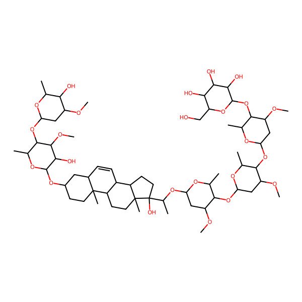 2D Structure of (2S,3R,4S,5S,6R)-2-[(2R,3R,4S,6S)-6-[(2R,3R,4R,6S)-6-[(2R,3R,4R,6S)-6-[(1S)-1-[(3S,5R,8R,9S,10S,13S,14S,17R)-17-hydroxy-3-[(2R,3R,4R,5S,6R)-3-hydroxy-5-[(2S,4R,5R,6S)-5-hydroxy-4-methoxy-6-methyloxan-2-yl]oxy-4-methoxy-6-methyloxan-2-yl]oxy-10,13-dimethyl-1,2,3,4,5,8,9,11,12,14,15,16-dodecahydrocyclopenta[a]phenanthren-17-yl]ethoxy]-4-methoxy-2-methyloxan-3-yl]oxy-4-methoxy-2-methyloxan-3-yl]oxy-4-methoxy-2-methyloxan-3-yl]oxy-6-(hydroxymethyl)oxane-3,4,5-triol