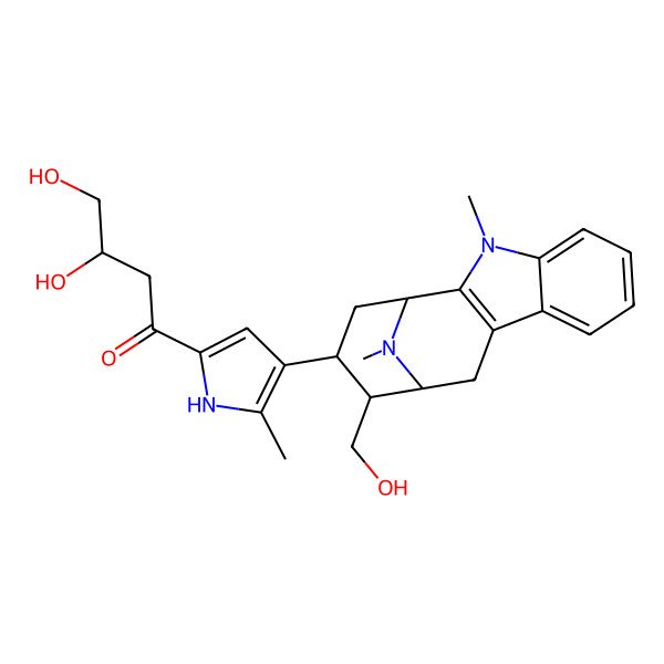 2D Structure of (3S)-3,4-dihydroxy-1-[4-[(1S,12S,13R,14R)-13-(hydroxymethyl)-3,16-dimethyl-3,16-diazatetracyclo[10.3.1.02,10.04,9]hexadeca-2(10),4,6,8-tetraen-14-yl]-5-methyl-1H-pyrrol-2-yl]butan-1-one