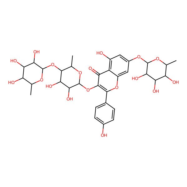 2D Structure of 3-[(2S,3R,4S,5R,6S)-3,4-dihydroxy-6-methyl-5-[(2S,3R,4R,5R,6S)-3,4,5-trihydroxy-6-methyloxan-2-yl]oxyoxan-2-yl]oxy-5-hydroxy-2-(4-hydroxyphenyl)-7-[(2S,3R,4R,5R,6S)-3,4,5-trihydroxy-6-methyloxan-2-yl]oxychromen-4-one