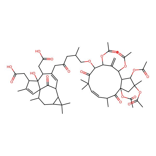 2D Structure of 2-[(1S,4S,5R,6R,9S,10R,12R,14R)-7-[(4S)-5-[[(1R,2R,3aR,5S,6E,10R,11S,13R,13aS)-1,2,3a,11,13-pentaacetyloxy-2,5,8,8-tetramethyl-12-methylidene-4,9-dioxo-3,5,10,11,13,13a-hexahydro-1H-cyclopenta[12]annulen-10-yl]oxy]-4-methyl-2-oxopentyl]-6-(carboxymethyl)-5-hydroxy-3,11,11,14-tetramethyl-15-oxo-4-tetracyclo[7.5.1.01,5.010,12]pentadeca-2,7-dienyl]acetic acid