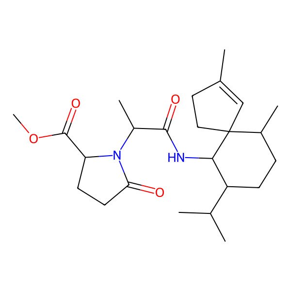 2D Structure of methyl (2R)-1-[(2S)-1-[[(5S,6R,9S,10R)-3,6-dimethyl-9-propan-2-ylspiro[4.5]dec-3-en-10-yl]amino]-1-oxopropan-2-yl]-5-oxopyrrolidine-2-carboxylate