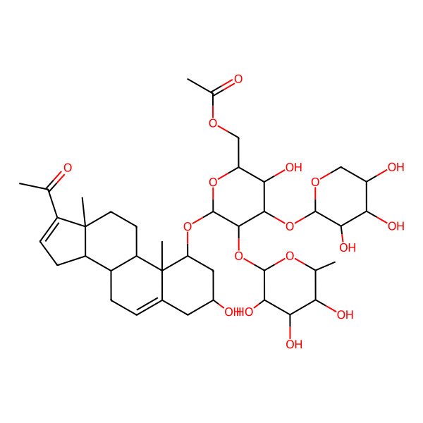 2D Structure of [(2R,3R,4S,5R,6R)-6-[[(1R,3R,8S,9S,10R,13S,14S)-17-acetyl-3-hydroxy-10,13-dimethyl-2,3,4,7,8,9,11,12,14,15-decahydro-1H-cyclopenta[a]phenanthren-1-yl]oxy]-3-hydroxy-5-[(2S,3R,4R,5R,6S)-3,4,5-trihydroxy-6-methyloxan-2-yl]oxy-4-[(2S,3R,4S,5R)-3,4,5-trihydroxyoxan-2-yl]oxyoxan-2-yl]methyl acetate