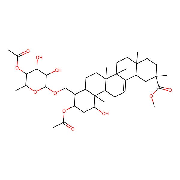 2D Structure of methyl (2R,4aS,6aS,6aS,6bR,8aS,9R,10S,12S,12aS,14bS)-10-acetyloxy-9-[[(2R,3R,4S,5R,6S)-5-acetyloxy-3,4-dihydroxy-6-methyloxan-2-yl]oxymethyl]-12-hydroxy-2,4a,6a,6b,12a-pentamethyl-3,4,5,6,6a,7,8,8a,9,10,11,12,13,14b-tetradecahydro-1H-picene-2-carboxylate