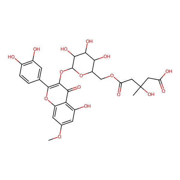 2D Structure of 5-[[6-[2-(3,4-Dihydroxyphenyl)-5-hydroxy-7-methoxy-4-oxochromen-3-yl]oxy-3,4,5-trihydroxyoxan-2-yl]methoxy]-3-hydroxy-3-methyl-5-oxopentanoic acid