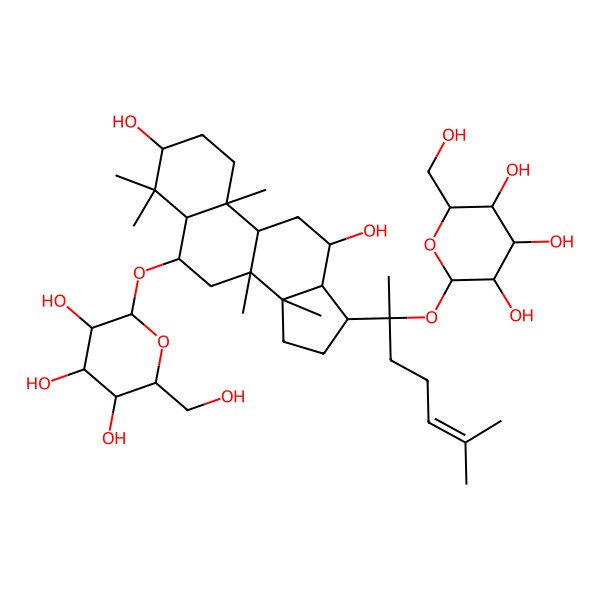 2D Structure of (2R,3R,4S,5S,6R)-2-[[(3S,5S,6S,8R,9R,10R,12R,13R,14R,17S)-3,12-dihydroxy-4,4,8,10,14-pentamethyl-17-[(2S)-6-methyl-2-[(2S,3R,4S,5S,6R)-3,4,5-trihydroxy-6-(hydroxymethyl)oxan-2-yl]oxyhept-5-en-2-yl]-2,3,5,6,7,9,11,12,13,15,16,17-dodecahydro-1H-cyclopenta[a]phenanthren-6-yl]oxy]-6-(hydroxymethyl)oxane-3,4,5-triol