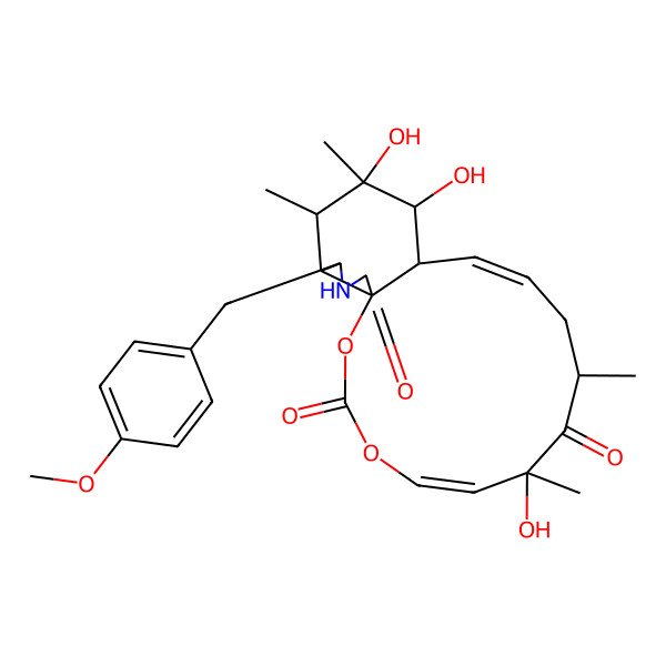 2D Structure of (1R,5E,7S,9R,11E,13R,14R,15S,16R,17R,18R)-7,14,15-trihydroxy-18-[(4-methoxyphenyl)methyl]-7,9,15,16-tetramethyl-2,4-dioxa-19-azatricyclo[11.7.0.01,17]icosa-5,11-diene-3,8,20-trione