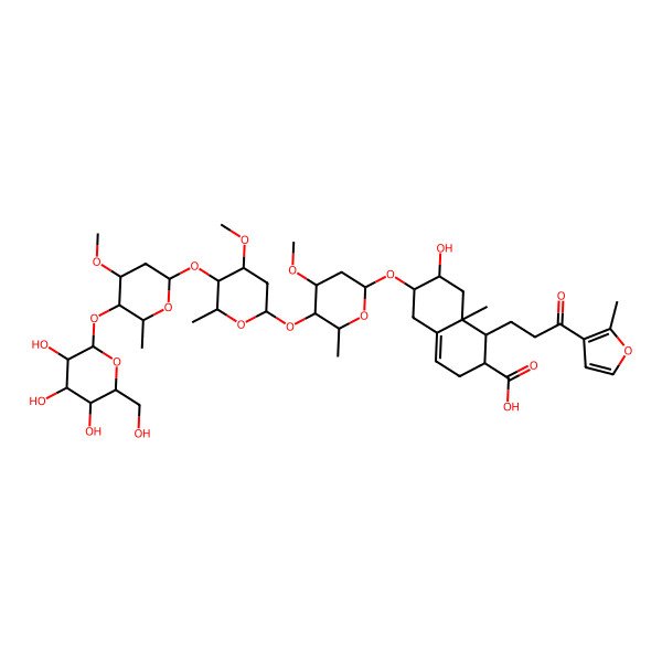 2D Structure of 7-hydroxy-6-[4-methoxy-5-[4-methoxy-5-[4-methoxy-6-methyl-5-[3,4,5-trihydroxy-6-(hydroxymethyl)oxan-2-yl]oxyoxan-2-yl]oxy-6-methyloxan-2-yl]oxy-6-methyloxan-2-yl]oxy-8a-methyl-1-[3-(2-methylfuran-3-yl)-3-oxopropyl]-2,3,5,6,7,8-hexahydro-1H-naphthalene-2-carboxylic acid