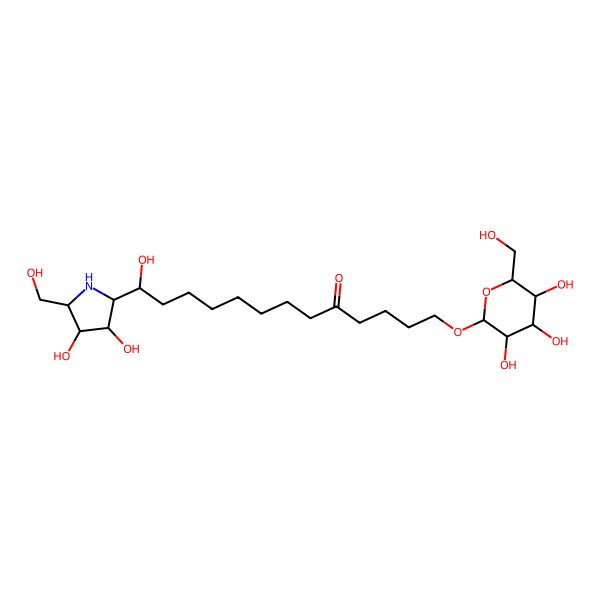 2D Structure of (13R)-13-[(2R,3R,4R,5R)-3,4-dihydroxy-5-(hydroxymethyl)pyrrolidin-2-yl]-13-hydroxy-1-[(2R,3R,4S,5S,6R)-3,4,5-trihydroxy-6-(hydroxymethyl)oxan-2-yl]oxytridecan-5-one