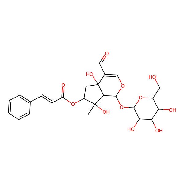 2D Structure of 2-Propenoic acid, 3-phenyl-, (1S,4aR,6S,7R,7aS)-4-formyl-1-(beta-D-glucopyranosyloxy)-1,4a,5,6,7,7a-hexahydro-4a,7-dihydroxy-7-methylcyclopenta(c)pyran-6-yl ester, (2E)-