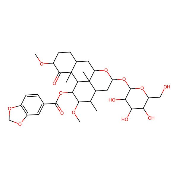 2D Structure of [4,15-Dimethoxy-2,14,17-trimethyl-3-oxo-11-[3,4,5-trihydroxy-6-(hydroxymethyl)oxan-2-yl]oxy-10-oxatetracyclo[7.7.1.02,7.013,17]heptadecan-16-yl] 1,3-benzodioxole-5-carboxylate