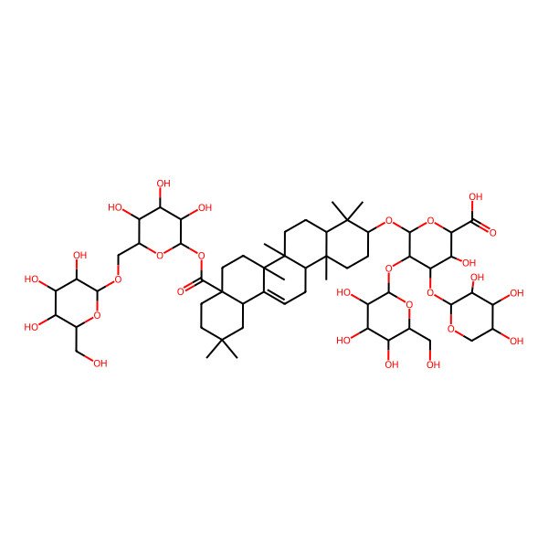 2D Structure of 6-[[4,4,6a,6b,11,11,14b-Heptamethyl-8a-[3,4,5-trihydroxy-6-[[3,4,5-trihydroxy-6-(hydroxymethyl)oxan-2-yl]oxymethyl]oxan-2-yl]oxycarbonyl-1,2,3,4a,5,6,7,8,9,10,12,12a,14,14a-tetradecahydropicen-3-yl]oxy]-3-hydroxy-5-[3,4,5-trihydroxy-6-(hydroxymethyl)oxan-2-yl]oxy-4-(3,4,5-trihydroxyoxan-2-yl)oxyoxane-2-carboxylic acid