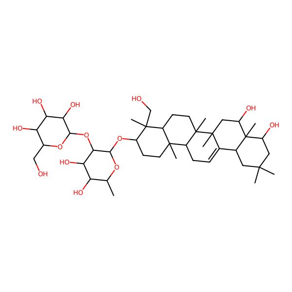 2D Structure of 2-[2-[[8,9-Dihydroxy-4-(hydroxymethyl)-4,6a,6b,8a,11,11,14b-heptamethyl-1,2,3,4a,5,6,7,8,9,10,12,12a,14,14a-tetradecahydropicen-3-yl]oxy]-4,5-dihydroxy-6-methyloxan-3-yl]oxy-6-(hydroxymethyl)oxane-3,4,5-triol