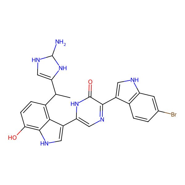2D Structure of 6-[4-[(1S)-1-[(2S)-2-amino-2,3-dihydro-1H-imidazol-4-yl]ethyl]-7-hydroxy-1H-indol-3-yl]-3-(6-bromo-1H-indol-3-yl)-1H-pyrazin-2-one