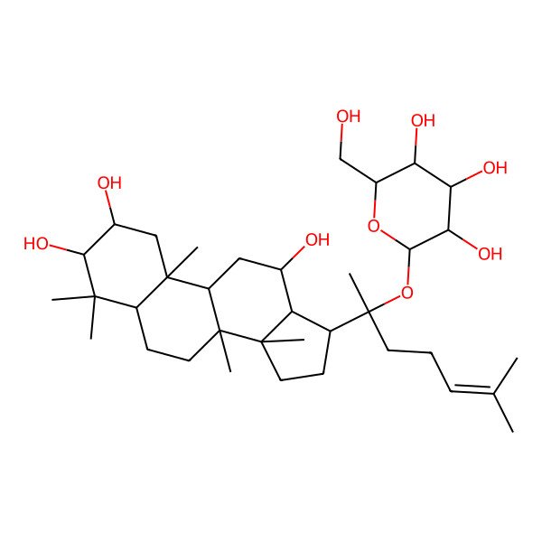 2D Structure of (2R,3S,4S,5R,6S)-2-(hydroxymethyl)-6-[(2S)-6-methyl-2-[(2R,3R,5R,8R,9R,10R,12R,13S,14R,17S)-2,3,12-trihydroxy-4,4,8,10,14-pentamethyl-2,3,5,6,7,9,11,12,13,15,16,17-dodecahydro-1H-cyclopenta[a]phenanthren-17-yl]hept-5-en-2-yl]oxyoxane-3,4,5-triol