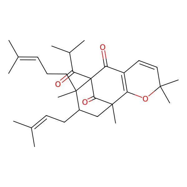 2D Structure of (1S,9S,10S,11R)-1,4,4,10-tetramethyl-11-(3-methylbut-2-enyl)-10-(4-methylpent-3-enyl)-9-(2-methylpropanoyl)-3-oxatricyclo[7.3.1.02,7]trideca-2(7),5-diene-8,13-dione