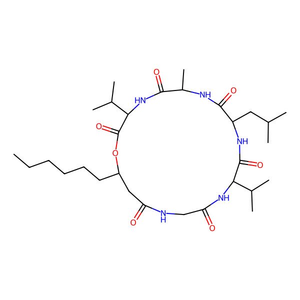 2D Structure of 19-Hexyl-6-methyl-9-(2-methylpropyl)-3,12-di(propan-2-yl)-1-oxa-4,7,10,13,16-pentazacyclononadecane-2,5,8,11,14,17-hexone