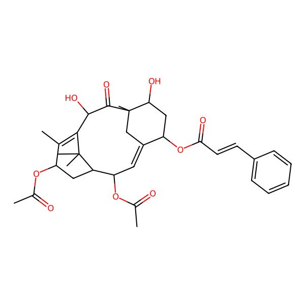 2D Structure of [(1R,2R,3E,5S,7S,8S,10R,13S)-2,13-diacetyloxy-7,10-dihydroxy-8,12,15,15-tetramethyl-9-oxo-5-tricyclo[9.3.1.14,8]hexadeca-3,11-dienyl] (E)-3-phenylprop-2-enoate
