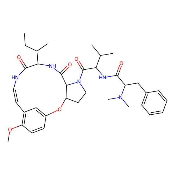 2D Structure of (2S)-N-[(2S)-1-[(3S,10S,13E)-10-butan-2-yl-16-methoxy-8,11-dioxo-2-oxa-6,9,12-triazatricyclo[13.3.1.03,7]nonadeca-1(19),13,15,17-tetraen-6-yl]-3-methyl-1-oxobutan-2-yl]-2-(dimethylamino)-3-phenylpropanamide