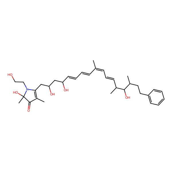 2D Structure of 2-Hydroxy-1-(2-hydroxyethyl)-2,4-dimethyl-5-(2,4,14-trihydroxy-9,13,15-trimethyl-17-phenylheptadeca-5,7,9,11-tetraenyl)pyrrol-3-one
