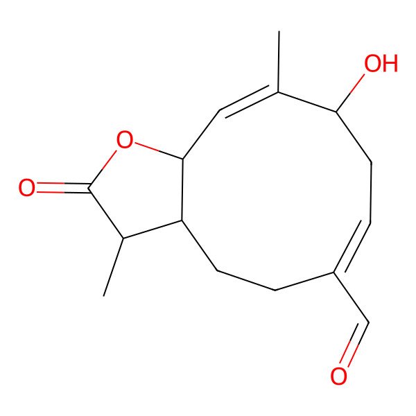 2D Structure of (3S,3aS,6E,9S,10E,11aR)-9-hydroxy-3,10-dimethyl-2-oxo-3a,4,5,8,9,11a-hexahydro-3H-cyclodeca[b]furan-6-carbaldehyde