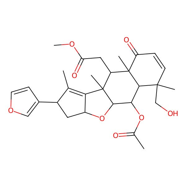 2D Structure of Methyl 2-[2-acetyloxy-13-(furan-3-yl)-4-(hydroxymethyl)-4,8,10,12-tetramethyl-7-oxo-16-oxatetracyclo[8.6.0.03,8.011,15]hexadeca-5,11-dien-9-yl]acetate