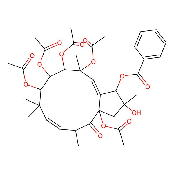 2D Structure of (3a,9,10,11,12-Pentaacetyloxy-2-hydroxy-2,5,8,8,12-pentamethyl-4-oxo-1,3,5,9,10,11-hexahydrocyclopenta[12]annulen-1-yl) benzoate