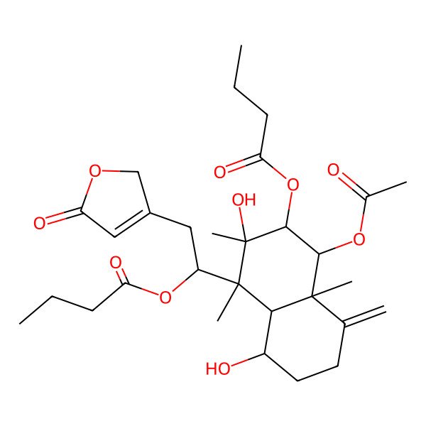 2D Structure of [(1R,2S,3R,4S,4aS,5R,8aR)-1-acetyloxy-4-[(1S)-1-butanoyloxy-2-(5-oxo-2H-furan-3-yl)ethyl]-3,5-dihydroxy-3,4,8a-trimethyl-8-methylidene-1,2,4a,5,6,7-hexahydronaphthalen-2-yl] butanoate
