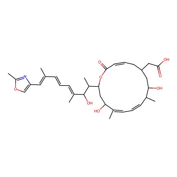 2D Structure of 2-[8,14-Dihydroxy-16-[3-hydroxy-4,8-dimethyl-9-(2-methyl-1,3-oxazol-4-yl)nona-4,6,8-trien-2-yl]-9,13-dimethyl-2-oxo-1-oxacyclohexadeca-3,10,12-trien-6-yl]acetic acid
