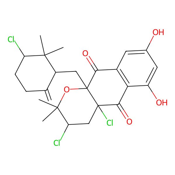 2D Structure of 3,4a-Dichloro-10a-[(3-chloro-2,2-dimethyl-6-methylidenecyclohexyl)methyl]-6,8-dihydroxy-2,2-dimethyl-3,4-dihydrobenzo[g]chromene-5,10-dione