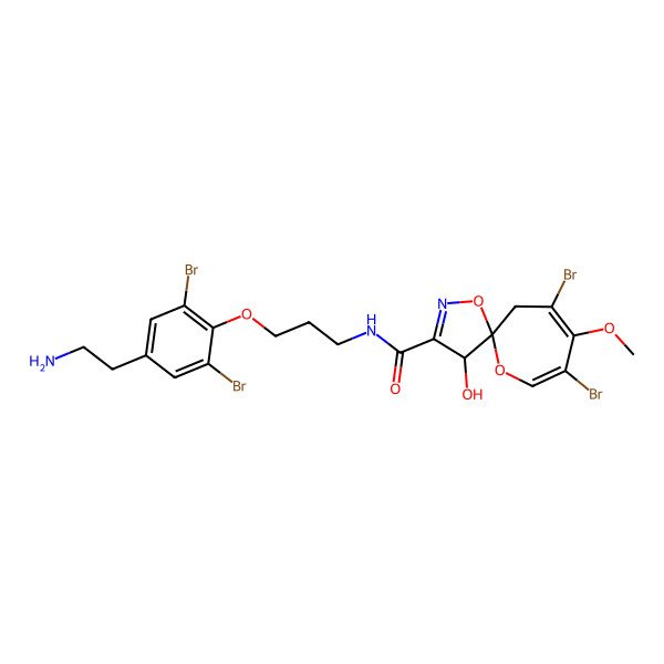 2D Structure of N-[3-[4-(2-aminoethyl)-2,6-dibromophenoxy]propyl]-7,9-dibromo-4-hydroxy-8-methoxy-1,11-dioxa-2-azaspiro[4.6]undeca-2,7,9-triene-3-carboxamide