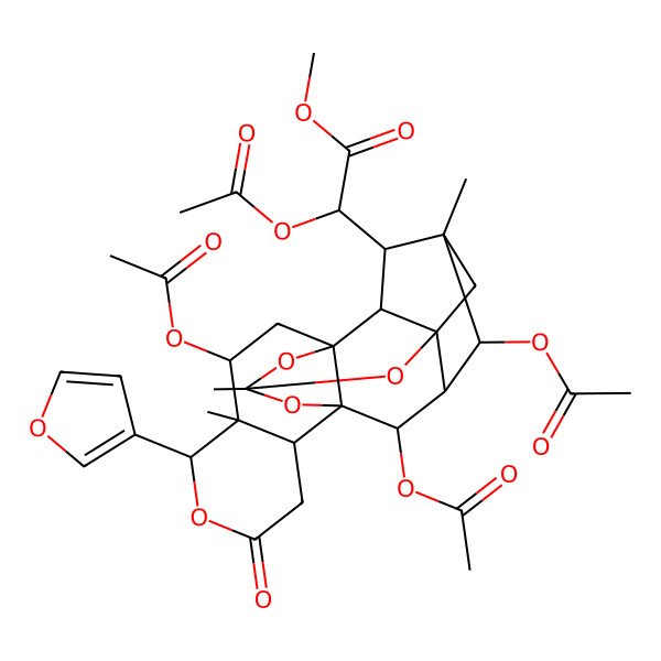 2D Structure of Methyl 2-acetyloxy-2-[8,18,20-triacetyloxy-6-(furan-3-yl)-7,12,17-trimethyl-4-oxo-5,11,13,21-tetraoxaheptacyclo[10.8.1.114,17.01,10.02,7.010,15.014,19]docosan-16-yl]acetate