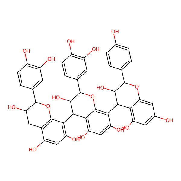 2D Structure of (2R,3R,4S)-2-(3,4-dihydroxyphenyl)-4-[(2R,3R)-2-(3,4-dihydroxyphenyl)-3,5,7-trihydroxy-3,4-dihydro-2H-chromen-8-yl]-8-[(2R,3R,4R)-3,5,7-trihydroxy-2-(4-hydroxyphenyl)-3,4-dihydro-2H-chromen-4-yl]-3,4-dihydro-2H-chromene-3,5,7-triol