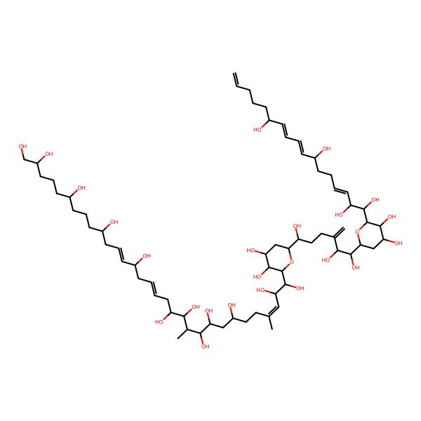 2D Structure of (12E,16E,28E)-31-[6-[6-[4,5-dihydroxy-6-[(3E,8E,10E)-1,2,7,12-tetrahydroxyheptadeca-3,8,10,16-tetraenyl]oxan-2-yl]-1,5,6-trihydroxy-4-methylidenehexyl]-3,4-dihydroxyoxan-2-yl]-21,28-dimethylhentriaconta-12,16,28-triene-1,2,6,10,14,19,20,22,23,25,30,31-dodecol