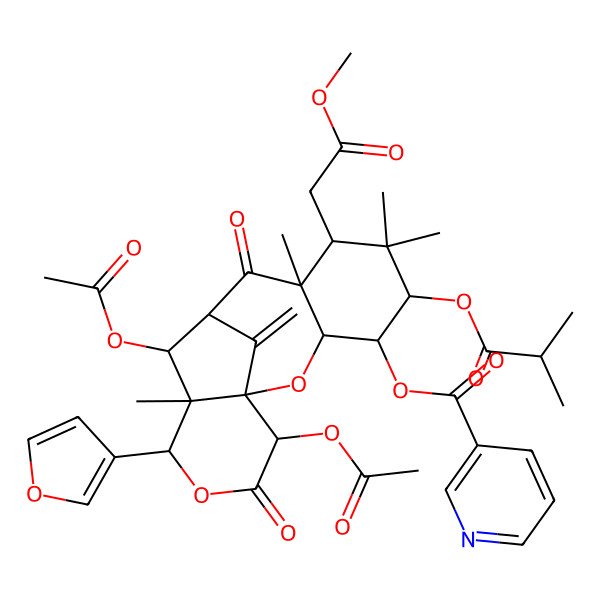 2D Structure of [(1S,3R,4R,5S,7S,8R,10R,11S,12S,13S,16S)-11,16-diacetyloxy-13-(furan-3-yl)-7-(2-methoxy-2-oxoethyl)-6,6,8,12-tetramethyl-17-methylidene-5-(2-methylpropanoyloxy)-9,15-dioxo-2,14-dioxatetracyclo[8.6.1.01,12.03,8]heptadecan-4-yl] pyridine-3-carboxylate