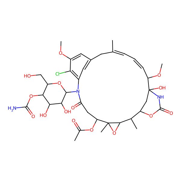 2D Structure of [9-[5-Carbamoyloxy-3,4-dihydroxy-6-(hydroxymethyl)oxan-2-yl]-11-chloro-21-hydroxy-12,20-dimethoxy-2,5,16-trimethyl-8,23-dioxo-4,24-dioxa-9,22-diazatetracyclo[19.3.1.110,14.03,5]hexacosa-10,12,14(26),16,18-pentaen-6-yl] acetate