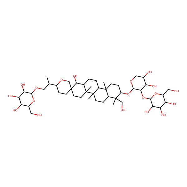 2D Structure of 2-[2-[8-[4,5-dihydroxy-3-[3,4,5-trihydroxy-6-(hydroxymethyl)oxan-2-yl]oxyoxan-2-yl]oxy-1-hydroxy-7-(hydroxymethyl)-4a,4b,7,10a-tetramethylspiro[3,4,5,6,6a,8,9,10,10b,11,12,12a-dodecahydro-1H-chrysene-2,5'-oxane]-2'-yl]propoxy]-6-(hydroxymethyl)oxane-3,4,5-triol