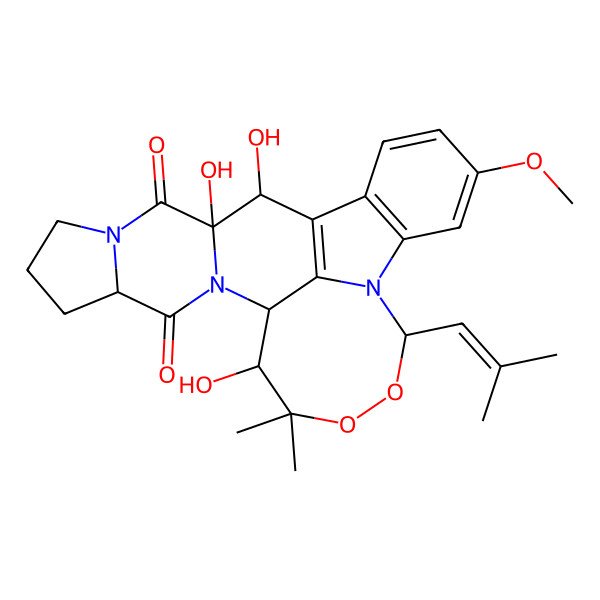 2D Structure of 13,23,24-Trihydroxy-5-methoxy-12,12-dimethyl-9-(2-methylprop-1-enyl)-10,11-dioxa-8,15,21-triazahexacyclo[12.10.1.02,7.08,25.015,23.017,21]pentacosa-1(25),2(7),3,5-tetraene-16,22-dione