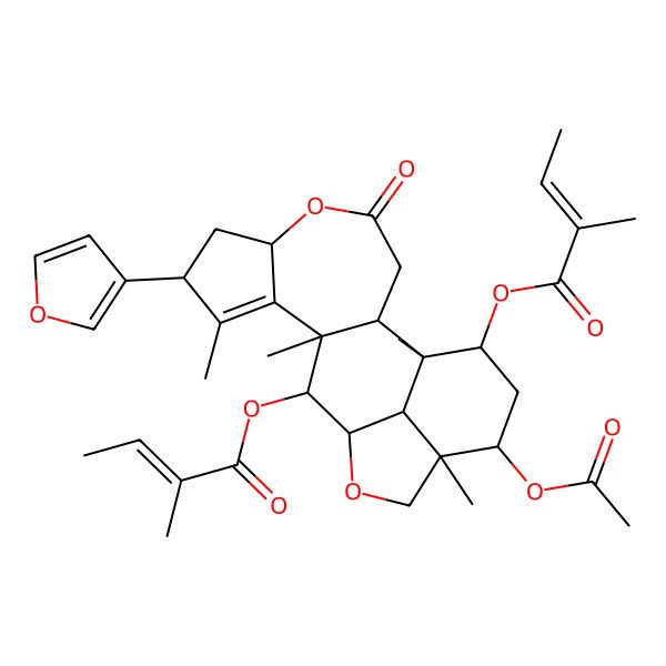 2D Structure of [17-Acetyloxy-8-(furan-3-yl)-1,9,11,16-tetramethyl-12-(2-methylbut-2-enoyloxy)-4-oxo-5,14-dioxapentacyclo[11.6.1.02,11.06,10.016,20]icos-9-en-19-yl] 2-methylbut-2-enoate