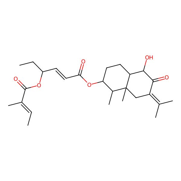 2D Structure of (5-hydroxy-1,8a-dimethyl-6-oxo-7-propan-2-ylidene-2,3,4,4a,5,8-hexahydro-1H-naphthalen-2-yl) 4-(2-methylbut-2-enoyloxy)hex-2-enoate