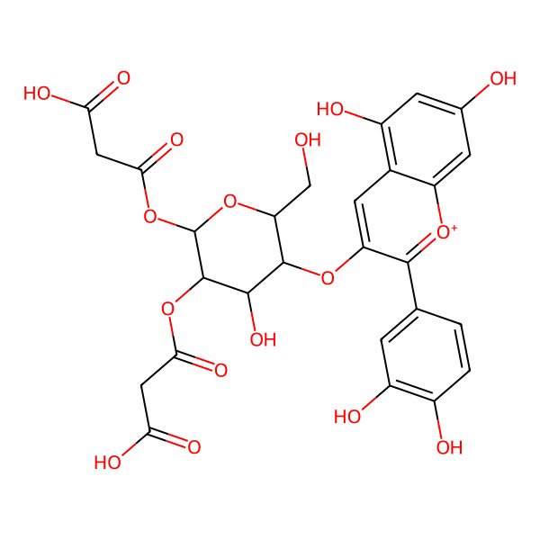 2D Structure of 3-[(2R,3R,4S,5S,6R)-2-(2-carboxyacetyl)oxy-5-[2-(3,4-dihydroxyphenyl)-5,7-dihydroxychromenylium-3-yl]oxy-4-hydroxy-6-(hydroxymethyl)oxan-3-yl]oxy-3-oxopropanoic acid