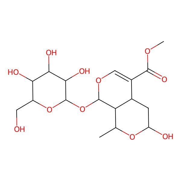 2D Structure of methyl (1S,3S,4aS,8S,8aS)-3-hydroxy-1-methyl-8-[(2S,3S,4S,5S,6R)-3,4,5-trihydroxy-6-(hydroxymethyl)oxan-2-yl]oxy-1,3,4,4a,8,8a-hexahydropyrano[3,4-c]pyran-5-carboxylate