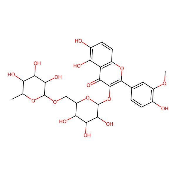 2D Structure of 5,6-dihydroxy-2-(4-hydroxy-3-methoxyphenyl)-3-[(2S,3R,4S,5S,6R)-3,4,5-trihydroxy-6-[[(2R,3R,4R,5R,6S)-3,4,5-trihydroxy-6-methyloxan-2-yl]oxymethyl]oxan-2-yl]oxychromen-4-one