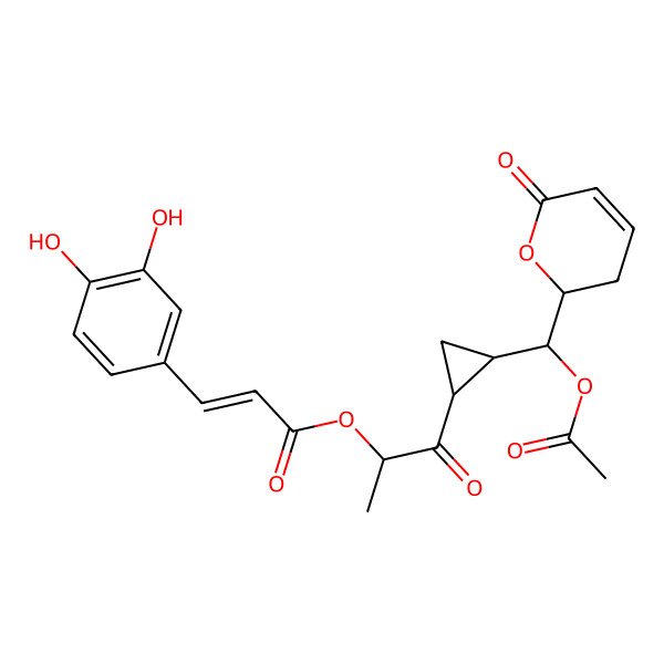 2D Structure of [1-[2-[Acetyloxy-(6-oxo-2,3-dihydropyran-2-yl)methyl]cyclopropyl]-1-oxopropan-2-yl] 3-(3,4-dihydroxyphenyl)prop-2-enoate