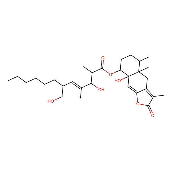 2D Structure of (8a-hydroxy-3,4a,5-trimethyl-2-oxo-5,6,7,8-tetrahydro-4H-benzo[f][1]benzofuran-8-yl) 3-hydroxy-6-(hydroxymethyl)-2,4-dimethyldodec-4-enoate