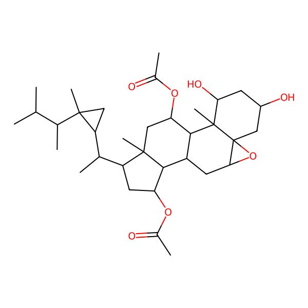 2D Structure of [18-Acetyloxy-3,5-dihydroxy-2,16-dimethyl-15-[1-[2-methyl-2-(3-methylbutan-2-yl)cyclopropyl]ethyl]-8-oxapentacyclo[9.7.0.02,7.07,9.012,16]octadecan-13-yl] acetate