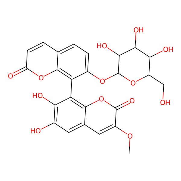 2D Structure of 6,7-Dihydroxy-3-methoxy-8-[2-oxo-7-[3,4,5-trihydroxy-6-(hydroxymethyl)oxan-2-yl]oxychromen-8-yl]chromen-2-one