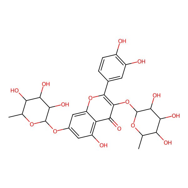 2D Structure of 2-(3,4-dihydroxyphenyl)-5-hydroxy-3,7-bis[[(2R,3R,4R,5R,6S)-3,4,5-trihydroxy-6-methyloxan-2-yl]oxy]chromen-4-one