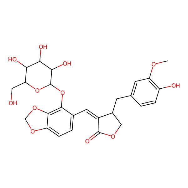 2D Structure of (3E,4R)-4-[(4-hydroxy-3-methoxyphenyl)methyl]-3-[[4-[(2S,3R,4S,5S,6R)-3,4,5-trihydroxy-6-(hydroxymethyl)oxan-2-yl]oxy-1,3-benzodioxol-5-yl]methylidene]oxolan-2-one
