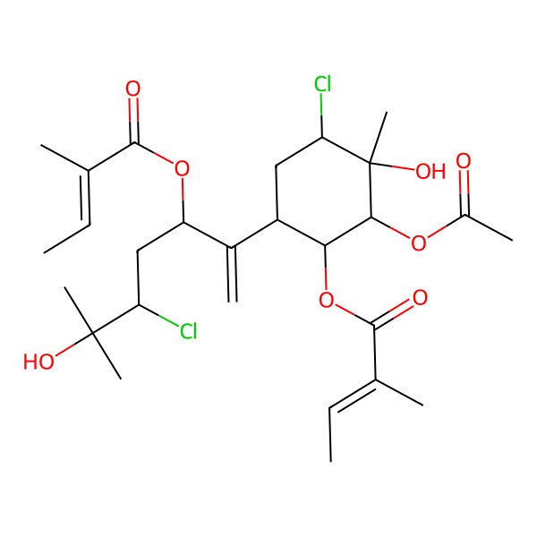 2D Structure of [(1S,2S,3S,4S,6R)-2-acetyloxy-4-chloro-6-[(3S,5R)-5-chloro-6-hydroxy-6-methyl-3-[(Z)-2-methylbut-2-enoyl]oxyhept-1-en-2-yl]-3-hydroxy-3-methylcyclohexyl] (Z)-2-methylbut-2-enoate